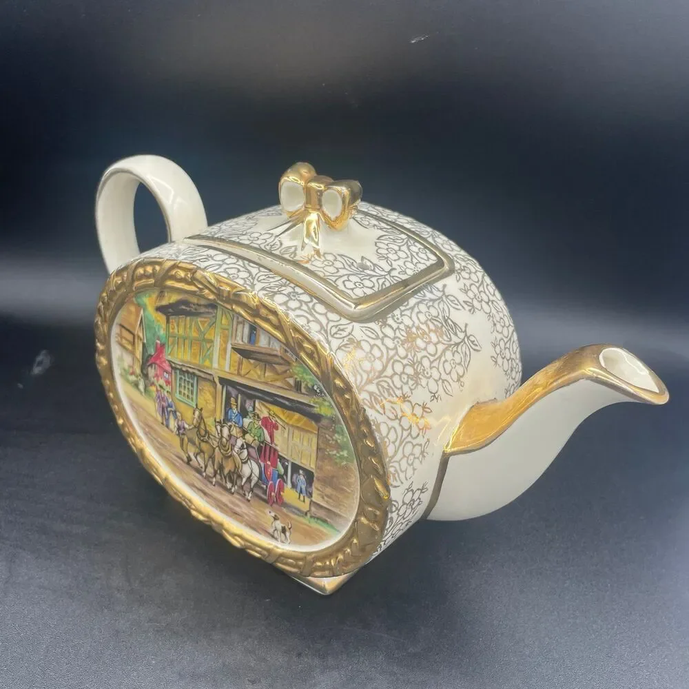 Vintage James Sadler Barrel Teapot Tavern Country Scene 1877 Made In England